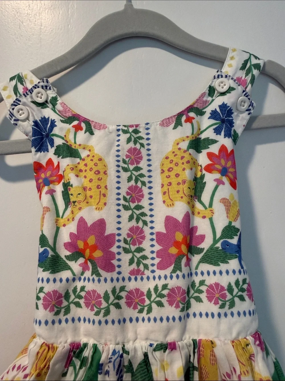 Mini Boden White Sundress with Multicolor Floral & Animal Print